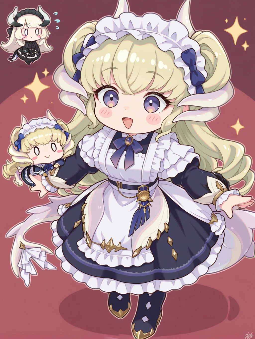 2girls,chibi,blush stickers,smile,open mouth,:>,dragonmaid latys,blue maid dress,blue bow hairband,blue thigh boots,chamber dragonmaid,black mob cap,black maid dress,
masterpiece,best quality,amazing quality,very aesthetic,absurdres,newest,<lora:Chamber dragonmaid illuXL v1:0.73>,