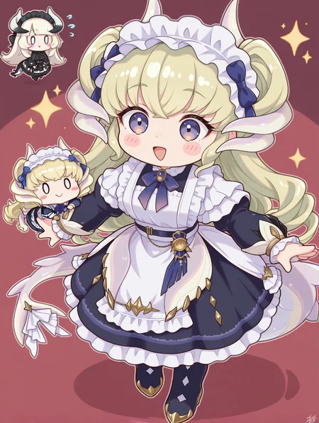 2girls,chibi,blush stickers,smile,open mouth,:>,dragonmaid latys,blue maid dress,blue bow hairband,blue thigh boots,chamber dragonmaid,black mob cap,black maid dress,
masterpiece,best quality,amazing quality,very aesthetic,absurdres,newest,<lora:Chamber dragonmaid illuXL v1:0.73>,