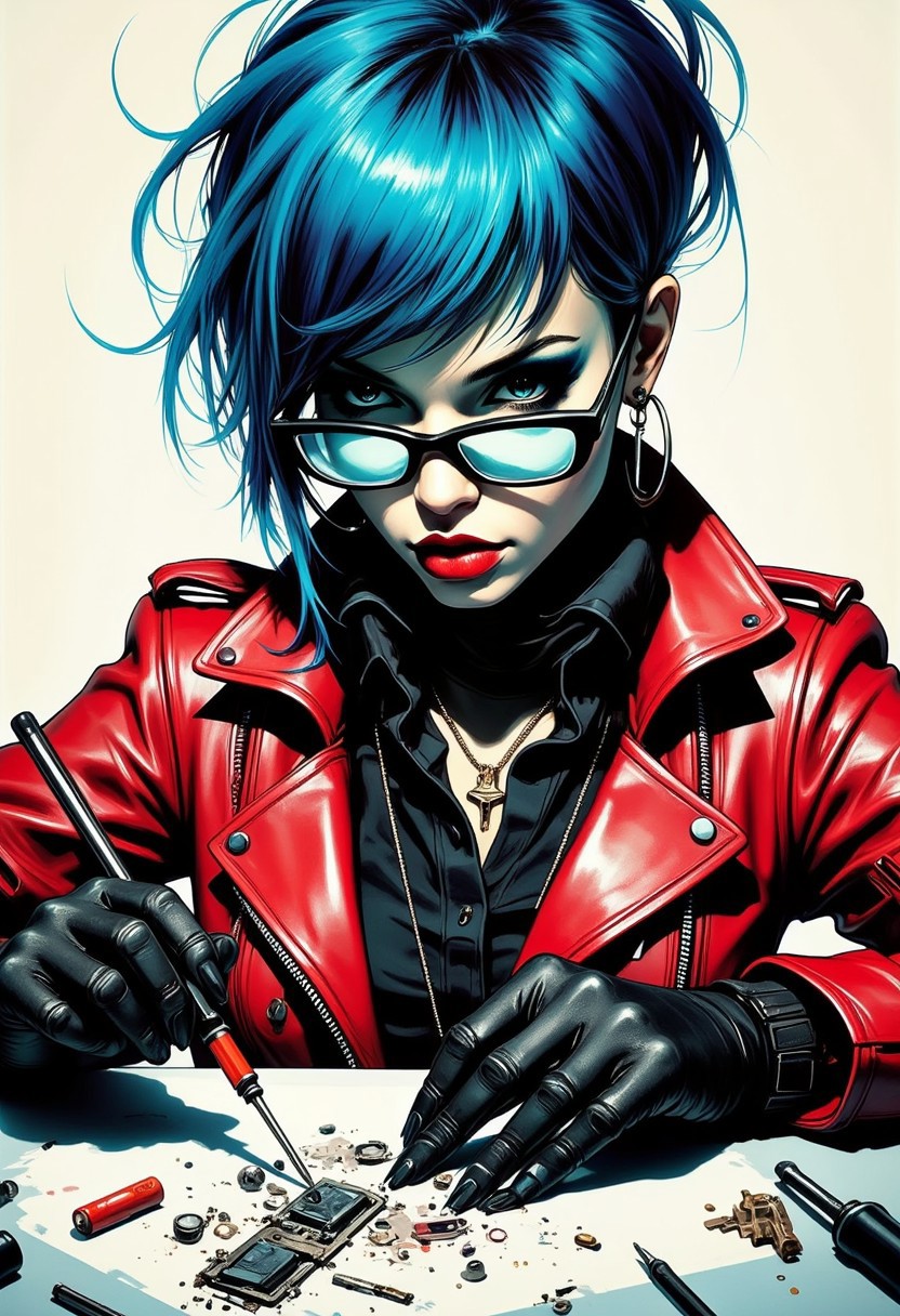 Silhouette Art, magnificent. female cyberpunk woman, messy short bob of electric blue hair, blue-tinted glasses, dark eyeshadow, red lips, red leather jacket, sitting at a desk repairing a cybernetic implant with a screwdriver