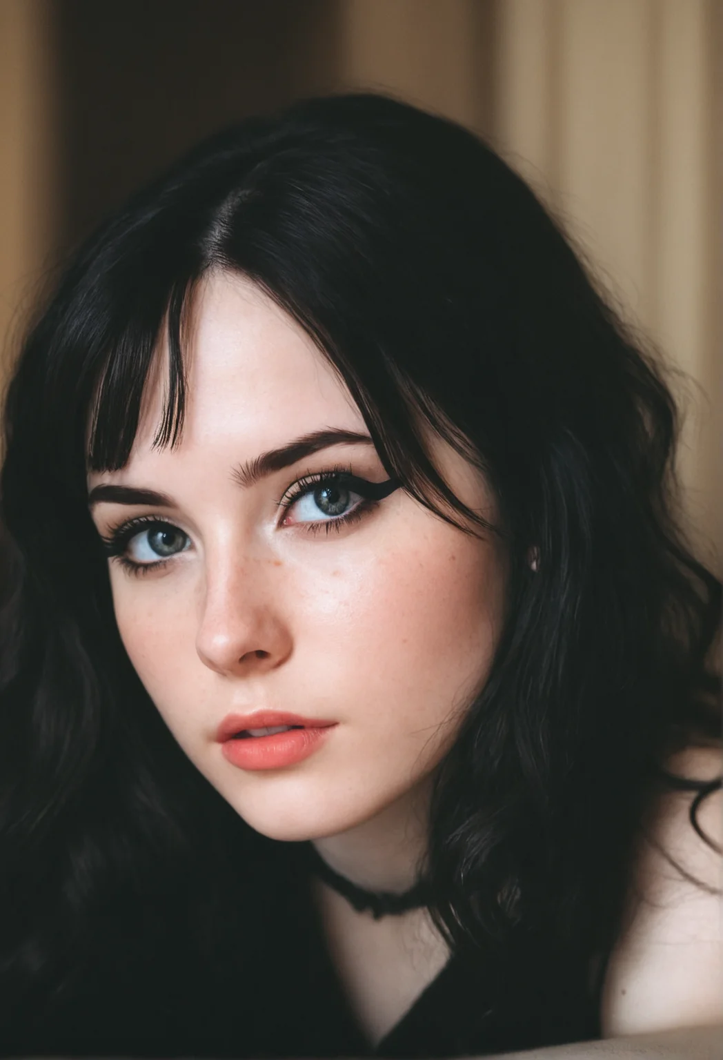 portrait, close up, cute face, beautiful,18 years old, (black bold eyeliner, makeup:1.3), pale skin, young,bangs,freckles, ear,wavy brunette hair,freckles,,interior,fancy bedroom,gothic room,castle interior,petite body, small breasts, beautiful legs, realistic soft skin, looking at viewer, hyperdetailed, analog photo, Cinematic,contrast,high contrast,(very detailed eyes,detailed lips,detailed face,cute,pretty)