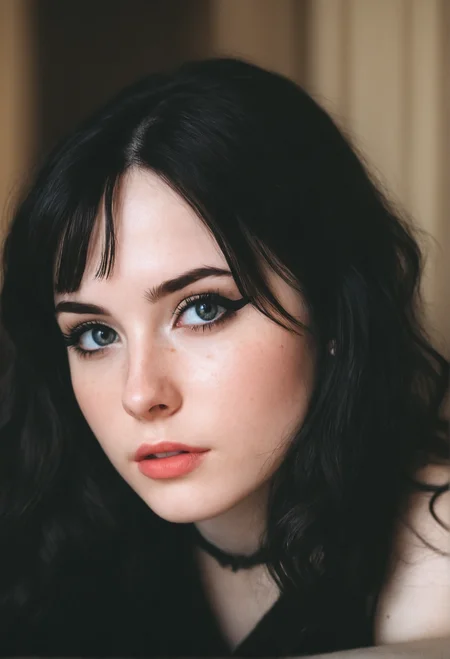 portrait, close up, cute face, beautiful,18 years old, (black bold eyeliner, makeup:1.3), pale skin, young,bangs,freckles, ear,wavy brunette hair,freckles,,interior,fancy bedroom,gothic room,castle interior,petite body, small breasts, beautiful legs, realistic soft skin, looking at viewer, hyperdetailed, analog photo, Cinematic,contrast,high contrast,(very detailed eyes,detailed lips,detailed face,cute,pretty)