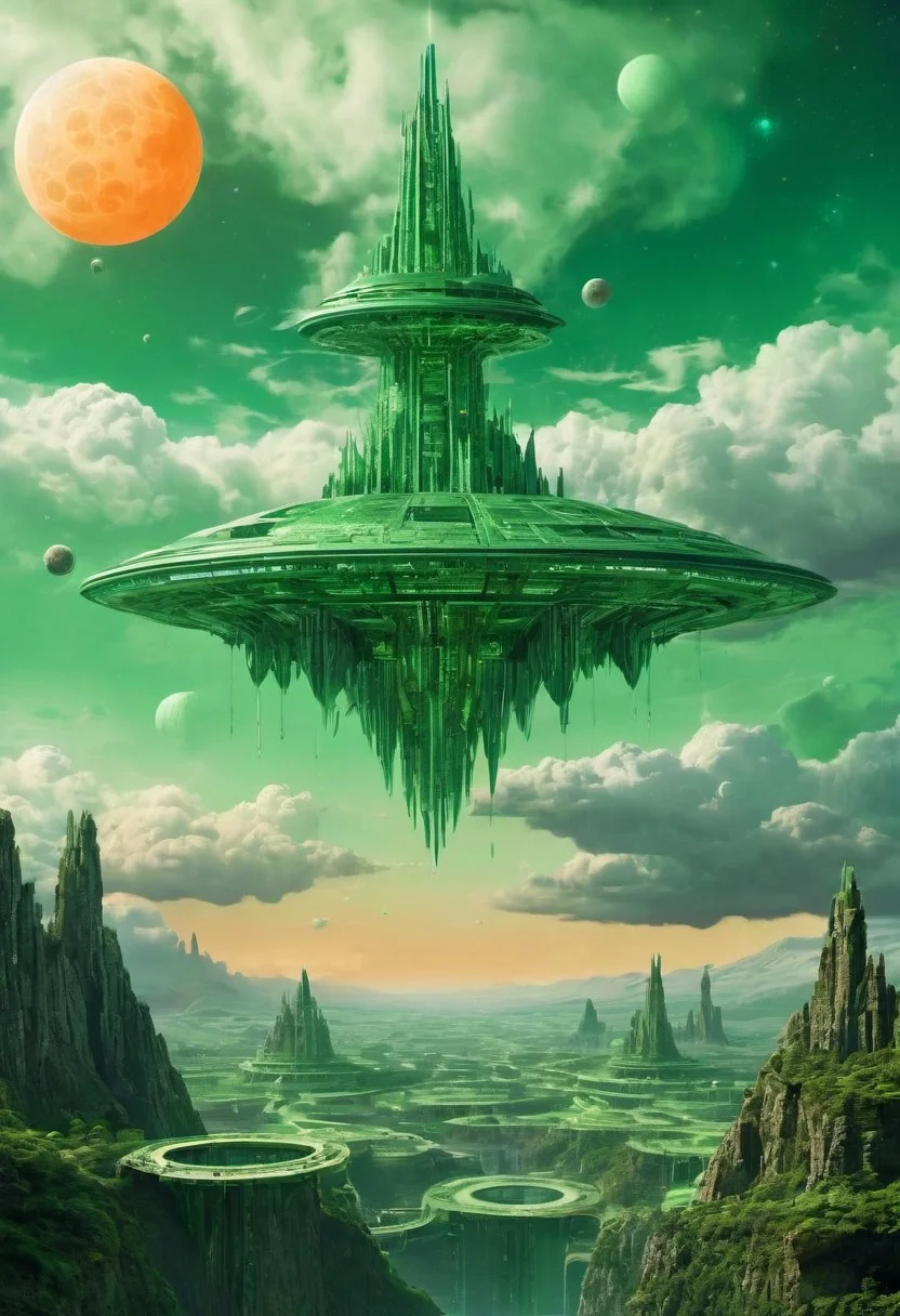 surreal scene, futuristic spacecraft, organic design, metallic texture, glowing thrusters, labyrinth-like structure, infinite depth, vibrant green sky, celestial moon, swirling clouds, ancient civilization, dreamlike composition, sci-fi elements, sharp contrasts, bold color palette, intricate textures, surrealism, otherworldly atmosphere, geometric patterns, fantastical world.