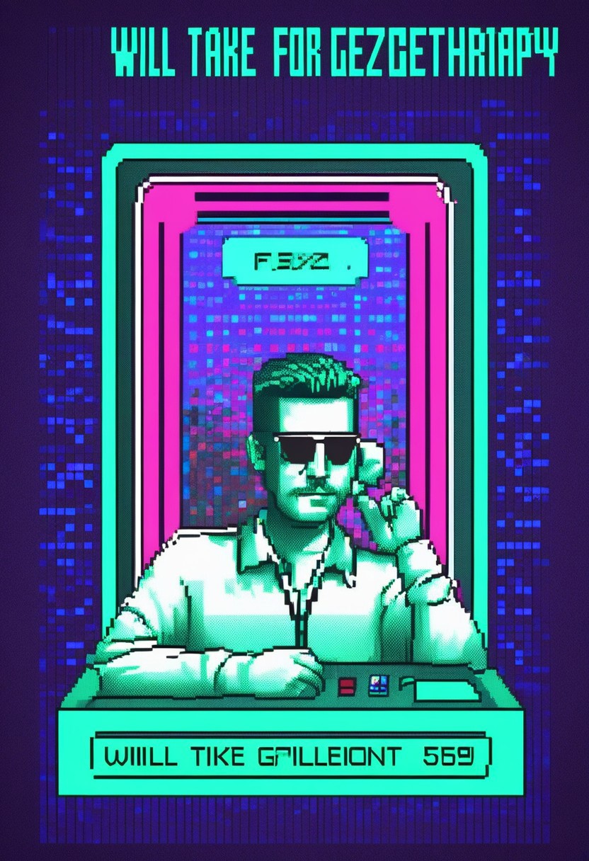 p1x3lt3xt,  (poker card box:1.3), (pixelized people:1.4), (text: "Will take buzz for generation therapy":1.5), (fake phone number: "555-0123":1.2), (pixelated teletext style:1.4), (retro 1980s theme:1.2), (vaporwave colors:1.3), (purples, teal, and blue:1.2), (nostalgic atmosphere:1.1), (glitch effects:1.2), (digital art:1.2), vibrant and surrealistic