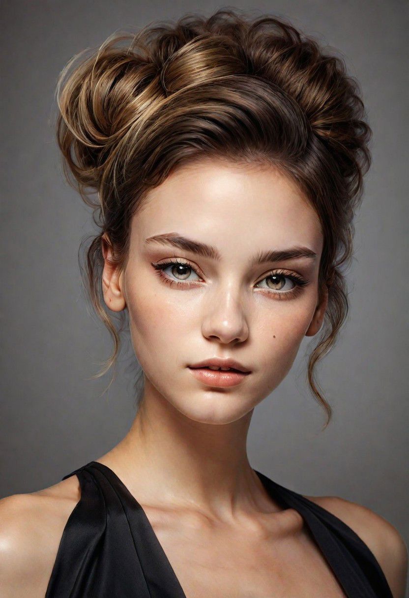 A detailed portrait of a young woman exuding elegance and natural grace. She has a voluminous updo hairstyle with wisps of hair tenderly framing her face. Her hazel eyes are accentuated by tasteful makeup, s. She wears a high-necked black top, suggesting a blend of casual refinement. The lighting should illuminate her face against a subdued background, emphasizing her calm and confident expression. High Fashion, dynamic, dramatic, elegant, High fashion supermodel, avant garde style
fFaceDetaile