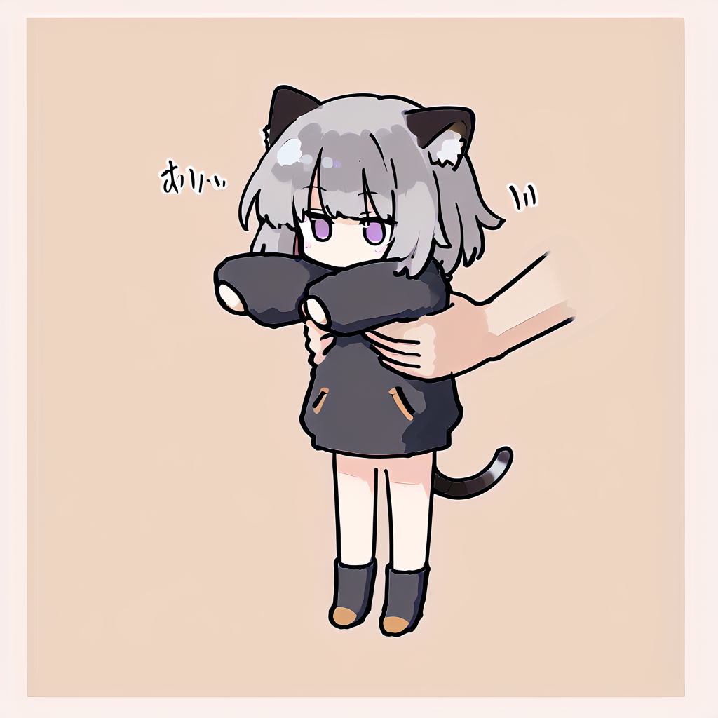 <lora:Keke:1> 1girl, cat ears, animal ears, grey hair <lora:LongCatMeme_XLPD:0.8> IncrsXLLCM, full body, chibi, holding animal / holding person