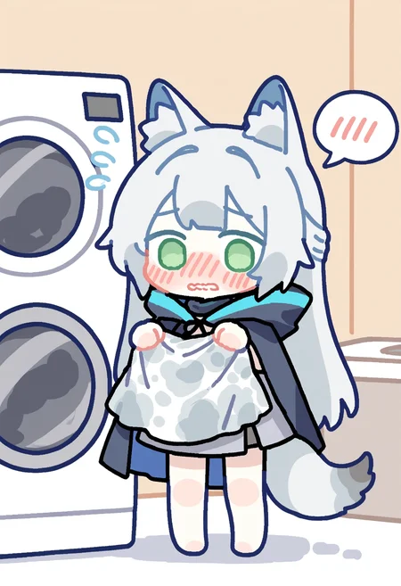 E_0x0194_type1,
rosmontis \(arknights\), 1girl, solo, long hair, blush, holding, animal ears, tail, grey hair, hood, cat ears, chibi, animal ear fluff, cat tail, embarrassed, flying sweatdrops, cat girl, cloak, holding clothes, spoken blush, washing machine, green eyes, wavy mouth, full body, grey skirt,
, masterpiece, best quality, good quality,
<lora:ai_styles_collection_noob_v29_v5:1>