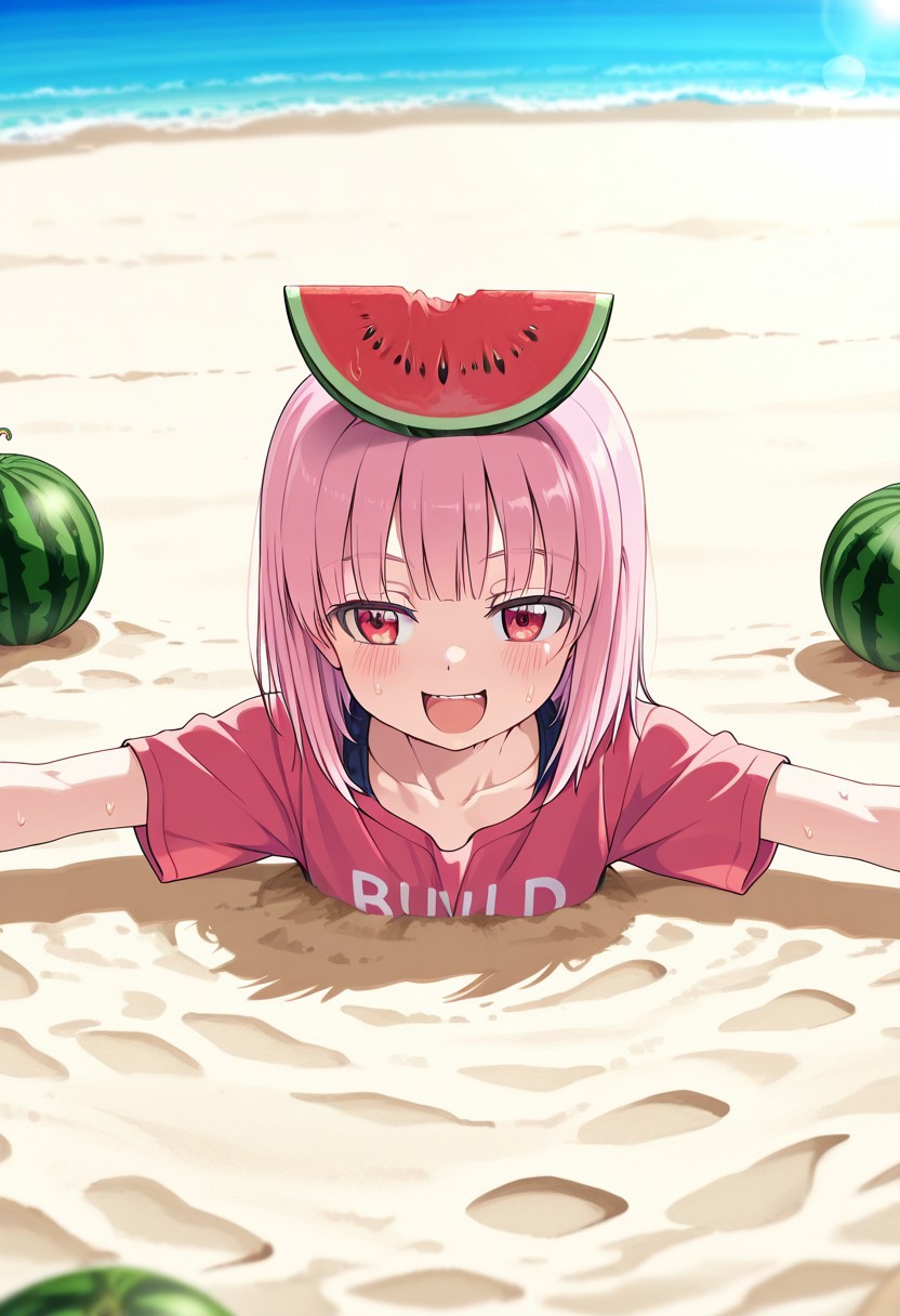 great quality,1girl,solo,scenery,absurdres,,looking at viwer, pink hair,,medium hair,straight hair,,eyewer on head,red eyes,sand beach,((watermelon,watermelon on sand)),((cropped head, buried underground sand)),,(almic,akakura,ogipote,dikko:0.7), (sincos:0.6), ,cropped head,,,spread arms,(hands on sand:1.1),smile,,collarbone,lens flare,depth of field,day,summer,sweat drop,:d,short sleeves
