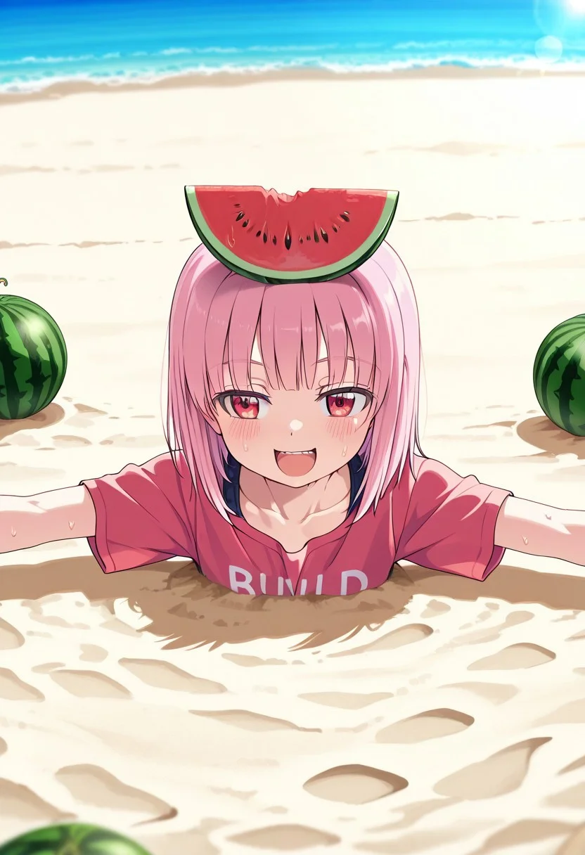 great quality,1girl,solo,scenery,absurdres,,looking at viwer, pink hair,,medium hair,straight hair,,eyewer on head,red eyes,sand beach,((watermelon,watermelon on sand)),((cropped head, buried underground sand)),,(almic,akakura,ogipote,dikko:0.7), (sincos:0.6), ,cropped head,,,spread arms,(hands on sand:1.1),smile,,collarbone,lens flare,depth of field,day,summer,sweat drop,:d,short sleeves