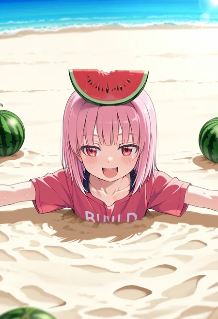 great quality,1girl,solo,scenery,absurdres,,looking at viwer, pink hair,,medium hair,straight hair,,eyewer on head,red eyes,sand beach,((watermelon,watermelon on sand)),((cropped head, buried underground sand)),,(almic,akakura,ogipote,dikko:0.7), (sincos:0.6), ,cropped head,,,spread arms,(hands on sand:1.1),smile,,collarbone,lens flare,depth of field,day,summer,sweat drop,:d,short sleeves