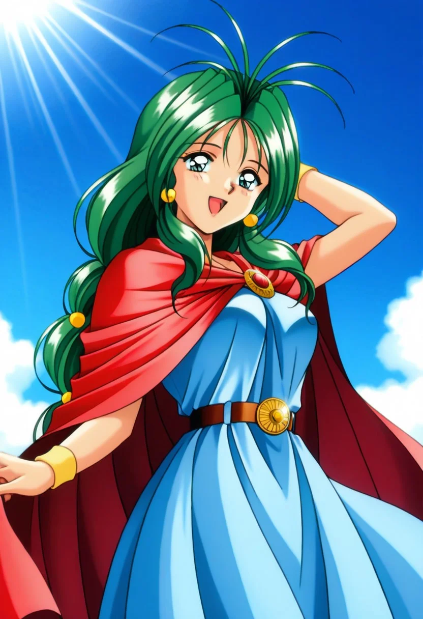 masterpiece, best quality, amazing quality, very aesthetic, high resolution, 1girl, cowboy shot, anime-style, digital art, high resolution, cute girl, smiling, sunlight, bright, clear sky, blue sky, clouds, daytime, outdoor, wind blowing her hair, dynamic pose, cheerful mood, light reflections, detailed background, high quality, beautiful, attractive, light rays, bright lighting, sky, joyful, happy, energetic, bright atmosphere, detailed shading, anime aesthetics, vibrant, lively, braid, jewelry, belt, cape, blue dress, wristband, retro artstyle, 1990s \(style\),
clairemm, blue eyes, green hair, antenna hair, long hair, low-tied long hair, hair bobbles, medium breasts, mature female,