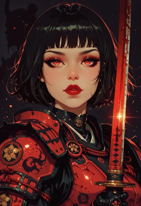 artist:moriimee, in the style of cksc, in the style of cknc, masterpiece, best quality, good quality, very aesthetic, absurdres, newest, 8K, depth of field, focused subject, Silhouette Art, magnificent, dark background, portrait of stunning asian warrior woman, dark eyeshadow, red lips, wearing crimson samurai armor, dark eyeshadow, red lips, wielding a glowing katana, blood splatter, direct gaze