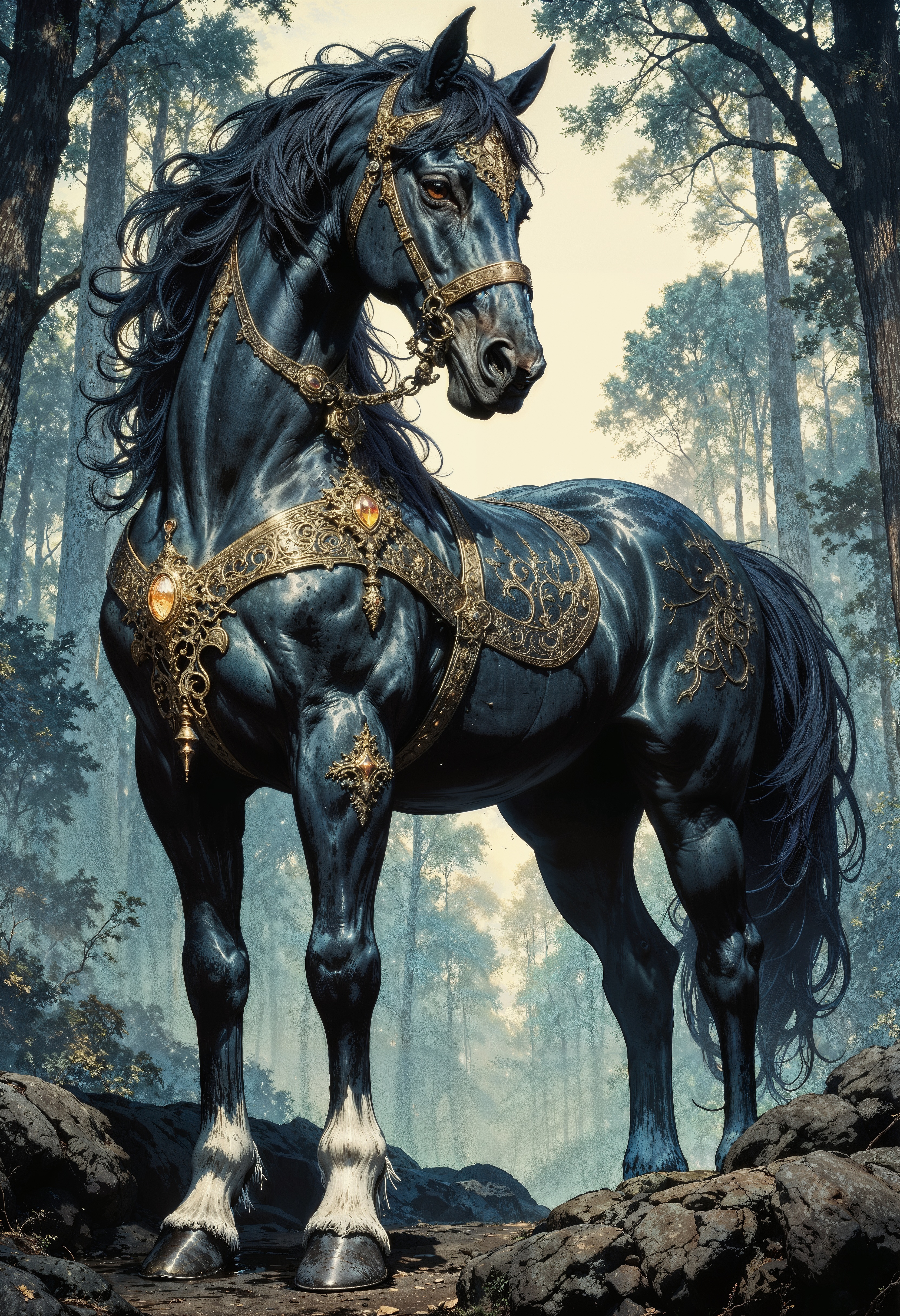a majestic horse standing in a mystical forest. The horse has a deep blue coat with a glossy sheen, and its mane and tail are adorned with intricate braids. It is equipped with ornate armor featuring metallic and gemstone accents, giving it a regal and mythical appearance. The armor is detailed with swirling patterns and glowing elements, adding to the ethereal atmosphere. The horse's legs are adorned with white feathering, contrasting with its dark coat. The background is a misty forest with tall, shadowy trees and a soft, diffused light filtering through, creating an enchanting and otherworldly setting.