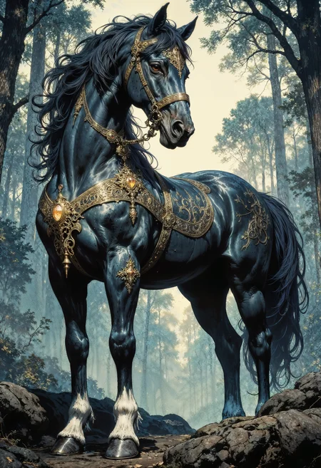 a majestic horse standing in a mystical forest. The horse has a deep blue coat with a glossy sheen, and its mane and tail are adorned with intricate braids. It is equipped with ornate armor featuring metallic and gemstone accents, giving it a regal and mythical appearance. The armor is detailed with swirling patterns and glowing elements, adding to the ethereal atmosphere. The horse's legs are adorned with white feathering, contrasting with its dark coat. The background is a misty forest with tall, shadowy trees and a soft, diffused light filtering through, creating an enchanting and otherworldly setting.