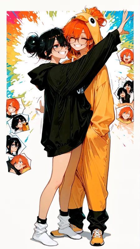 masterpiece, newest,absurdres,incrediblvy absurdres, best quality, amazing quality, very aesthetic,
2girls, one with short orange hair, freckles, big grin, wearing a duck costume hoodie, the other with long black hair in a messy bun, trying to hold back laughter, wearing oversized glasses and cat ear hoodie, flailing arms, silly expressions, mismatched socks, colorful background, carefree and chaotic energy, lighthearted friendship vibe
<lora:Face_Enhancer_Illustrious:0.4> <lora:Anime_artist_illustrious_r1:0.3> Anime-art, Art8st <lora:ka_marukogedago:1> k4_illu,