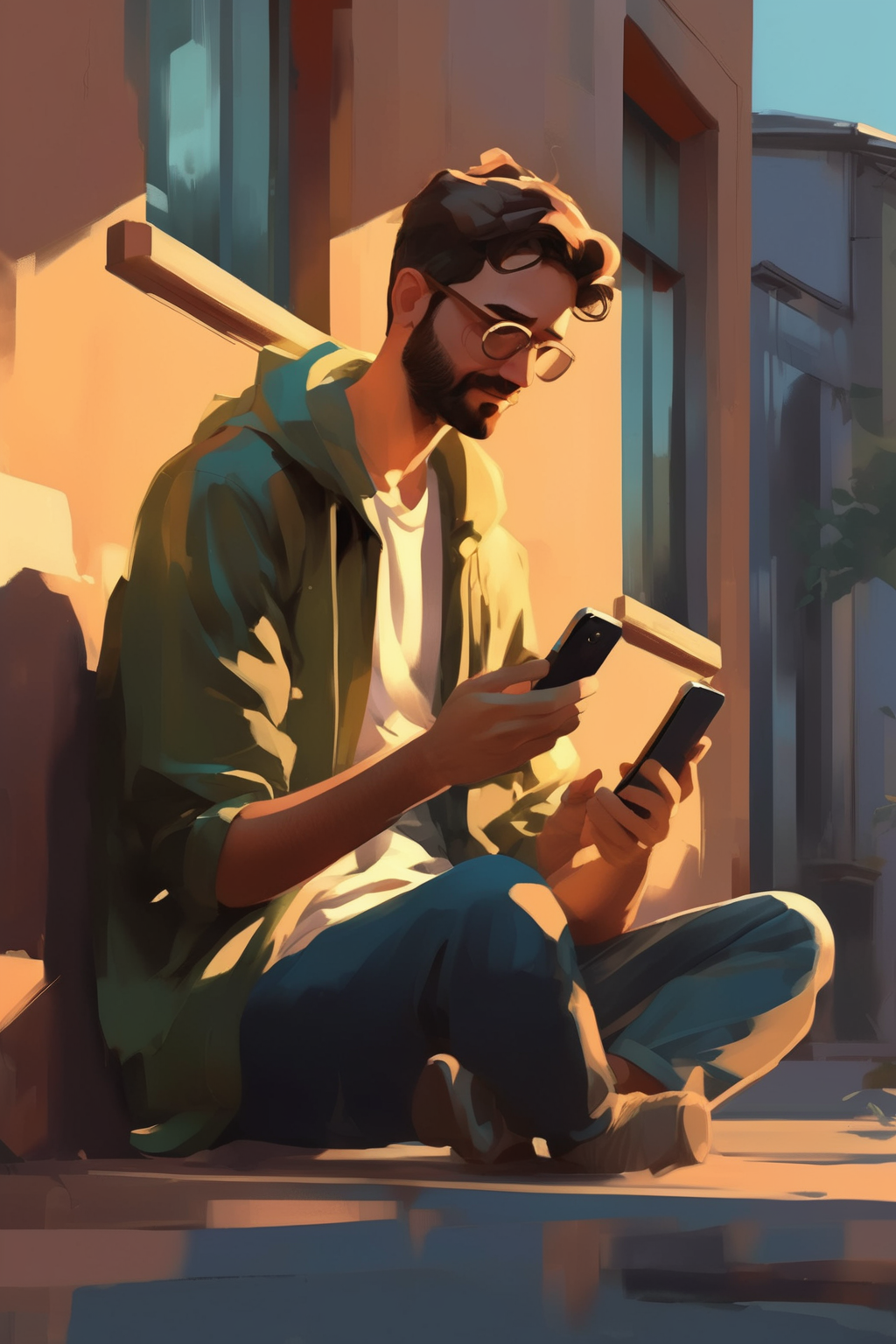 <lora:Atey Ghailan style:1>Atey Ghailan style - mens using smartphone or computer on outdoor
