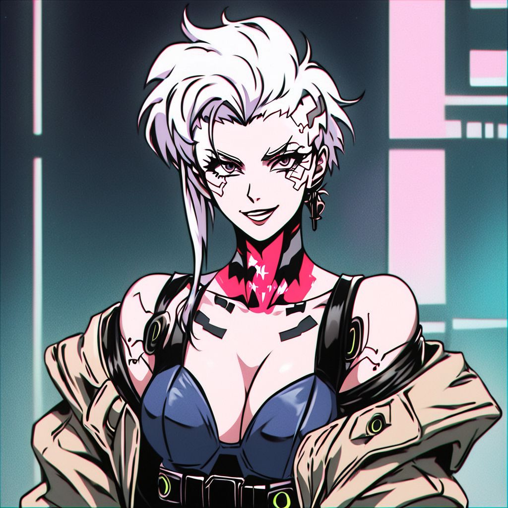 score_9, score_8_up, score_7_up, score_6_up, score_5_up, score_4_up,
BREAK
vintage, 1990s \(style\), retrowave, vaporwave, punk,
masterpiece, best quality, detailed art, detailed face, correct anatomy, middle distance, anime style,
(ghost in the shell:1.2) style, (blade runner:1.2) style, femme fatale, anime girl, girl killer, assassin, white hair, red eyes, cyborg, crazy smile,
future, (cyberpunk:2), tokyo, busy street, neon lights in the background, megalopolis, (night:1.5) city, technology, wires