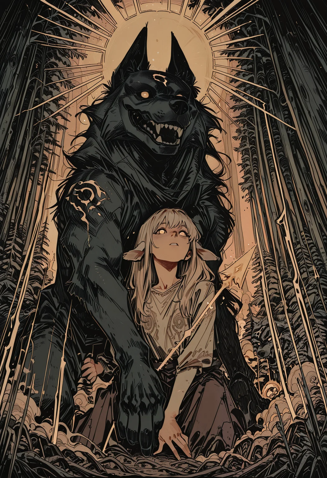 embedding:IllusP0s, codex sss chroma,
masterpiece, best quality, absurdres, high-res, intricate details, dynamic comic style, clean line art, black and white, graphic novel style, hatching, cross-hatching,
1girl (Lamb), 1boy (Wolf), Kindred from League of Legends, Lamb is a beautiful spirit with lamb ears and a serene expression, drawing her spirit bow, glowing arrow nocked, Wolf is a spectral dark wolf mask, swirling around her like smoke, ethereal and menacing, sharp teeth,
in a mystical ancient forest, god rays filtering through the canopy, floating magical particles, dramatic lighting, high contrast,
<lora:Dot Comics:0.8>