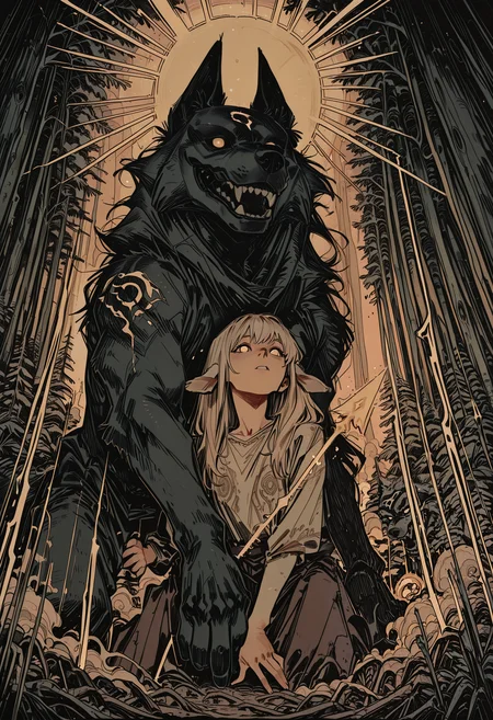 embedding:IllusP0s, codex sss chroma,
masterpiece, best quality, absurdres, high-res, intricate details, dynamic comic style, clean line art, black and white, graphic novel style, hatching, cross-hatching,
1girl (Lamb), 1boy (Wolf), Kindred from League of Legends, Lamb is a beautiful spirit with lamb ears and a serene expression, drawing her spirit bow, glowing arrow nocked, Wolf is a spectral dark wolf mask, swirling around her like smoke, ethereal and menacing, sharp teeth,
in a mystical ancient forest, god rays filtering through the canopy, floating magical particles, dramatic lighting, high contrast,
<lora:Dot Comics:0.8>
