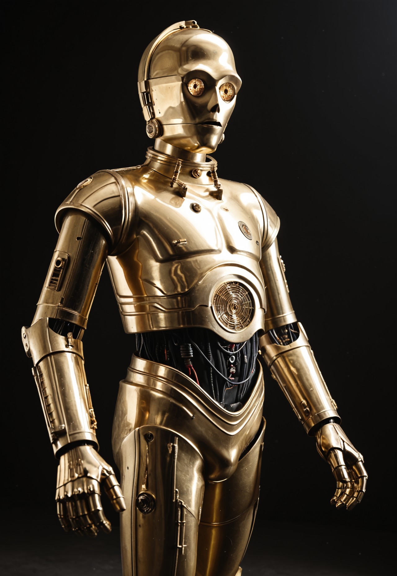 score_9_up, score_8_up, score_7_up, realism, 
1boy, c3po, android, robot male, golden metallic skin, golden eyes, black midriff with wiring, one red arm, one golden arm, solo,standing, arms wide, curious, looking at viewer, standing, cowboy shot, close-up, upper body, 
indoor, in a photostudio, black walls, day time, best quality, dynamic pose, masterpiece, natural lighting, lots of details, high resolution, 8K, colorful, dynamic shot, black background,