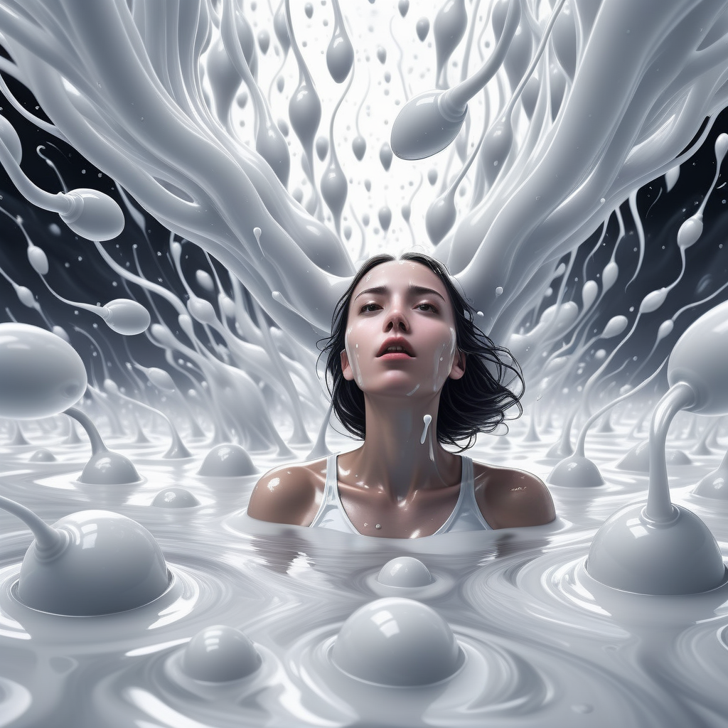 girl immersed in white liquid in a surreal world surrounded by sperm spermazoid  <lora:gametes :1>