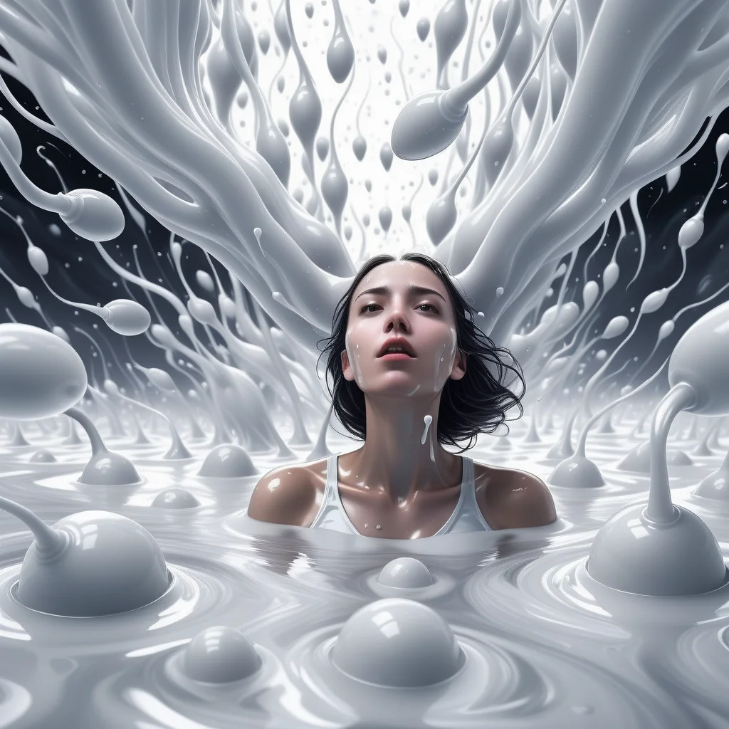 girl immersed in white liquid in a surreal world surrounded by sperm spermazoid <lora:gametes :1>