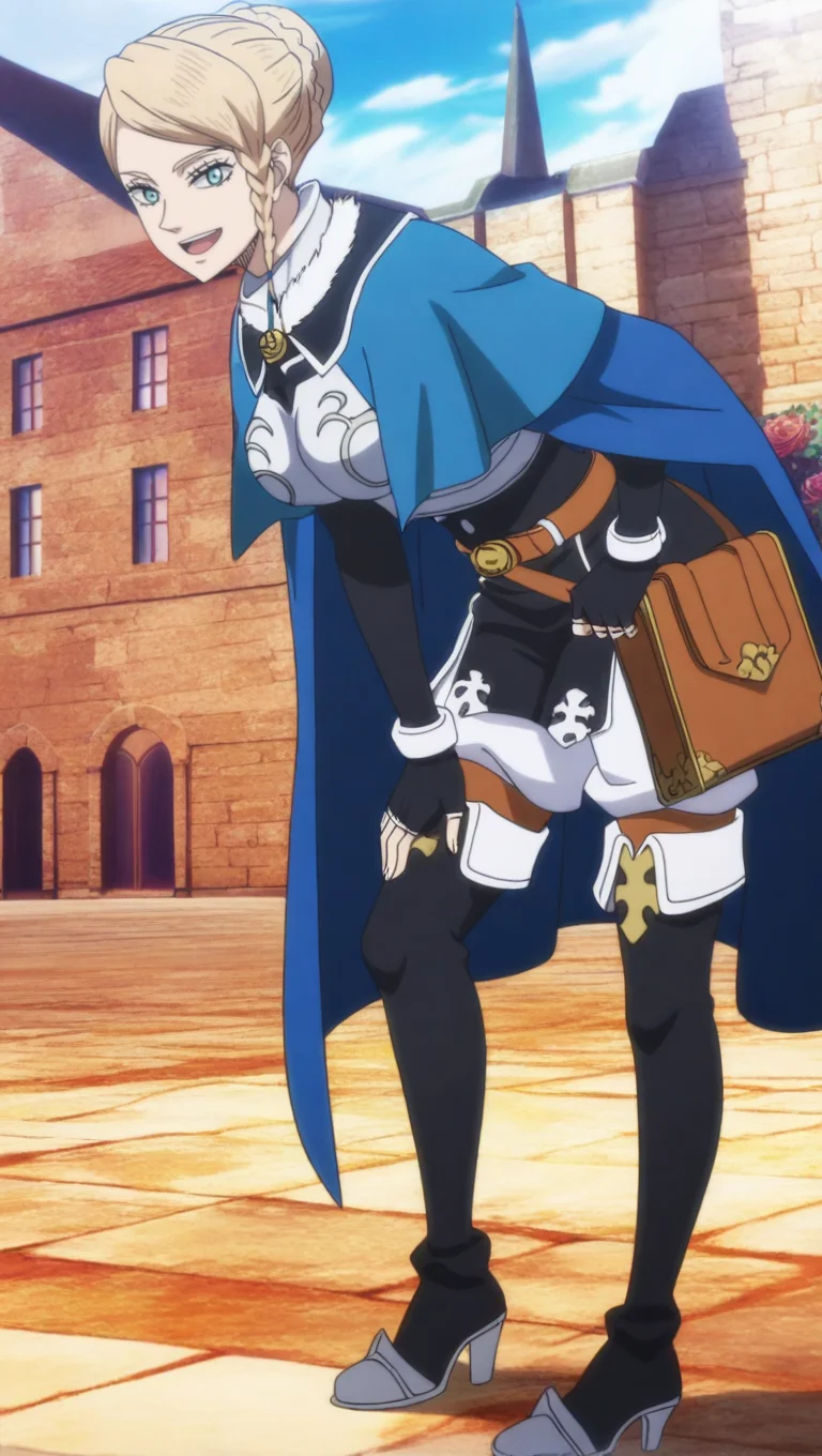 castle courtyard, day, source_anime, masterpiece, best quality, amazing quality, anime screencap, high quality, 8k, absurdres, official style, 1girl, solo, looking at viewer, leaning forward, hand on thigh, :d, <lora:Charlotte_Roselei_iL:1>, ch4rl0tt3 r0s3l3i, blonde hair, blue eyes, braid, side braid, short hair, movie outfit, thighhighs, gloves, boots, belt, fingerless gloves, cape, armor, book, rose, thigh boots, breastplate, heels,