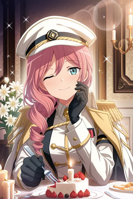masterpiece, best quality, amazing quality,
 <lora:Yachiyo_IL:1> yachiyo, 1girl, one eye closed, pink hair, hat, flower, gloves, smile, solo, uniform, long hair, black gloves, hair over shoulder, white flower, looking at viewer, white headwear, indoors, candle, military uniform, epaulettes, fork, sparkle, lens flare, aqua eyes, drill hair, white jacket