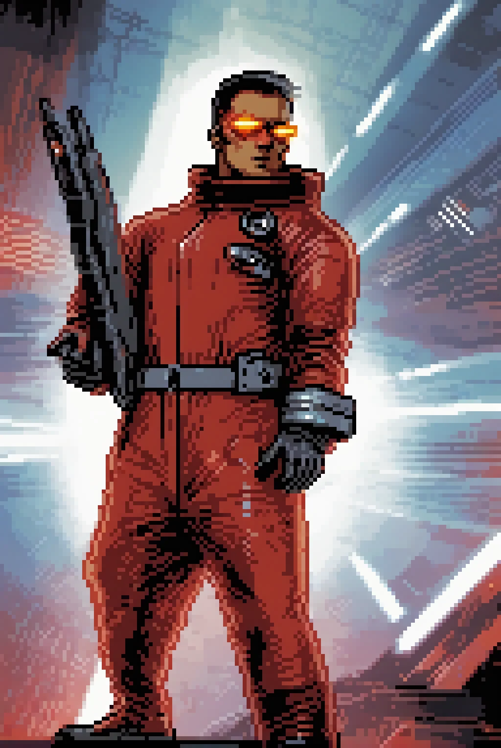 a man with a rugged appearance, with a scar running down over one eye. They wear a red coat over a black space suit, a laser pistol holstered at their side, and a cybernetic eye gleaming with data streams. Their stance exudes confidence and defiance.<lora:pixelportraits192-v1-2151:0.75>
