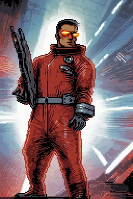 a man with a rugged appearance, with a scar running down over one eye. They wear a red coat over a black space suit, a laser pistol holstered at their side, and a cybernetic eye gleaming with data streams. Their stance exudes confidence and defiance.<lora:pixelportraits192-v1-2151:0.75>