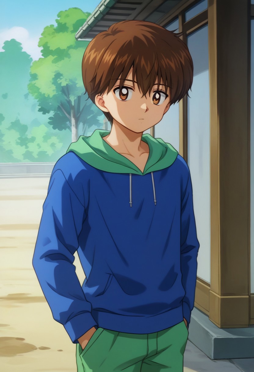 score_9, score_7_up, source_anime 
kanata, 1boy, male focus, solo, brown eyes, brown hair, short hair, bangs, hair between eyes, hoodie, hood, blue hoodie, green hood, pants,
outdoor,