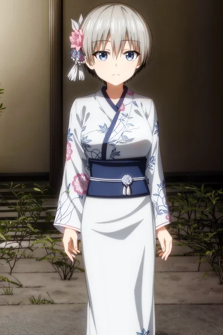 1girl, solo, bangs, uzaki hana, blue eyes, short hair, grey hair, japanese clothes, kimono, breasts, flower, hair ornament, large breasts, hair flower, looking at viewer, floral print, hair between eyes, fullbody, sash, closed mouth, white kimono, obi, night, print kimono, long sleeves, <lora:hana:0.7><hypernet:sgqo1n:1>