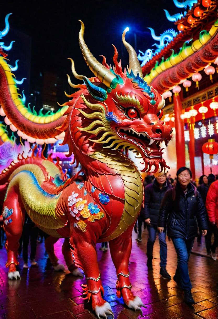 A vivid and ((multicolored Qilin), midnight, in a chinese red lantern festival street with people walking around), magnificent horns, vibrant feathers, majestic and legendary, captures attention with its vibrant hues, colorful high contrast, from china, festival of rich colors, hong kong, epic colors, formidable, rain, eyes lit, standing in the dark, anamorphic lens flares 4k, best of behance, holy flame crown spell, creative commons attribution, wallpaperflare, steven jung, trending on mentalray, hyper realstic, featured on pexels, big horn, highly beautiful, casting a magic spell, color overlay, =	,