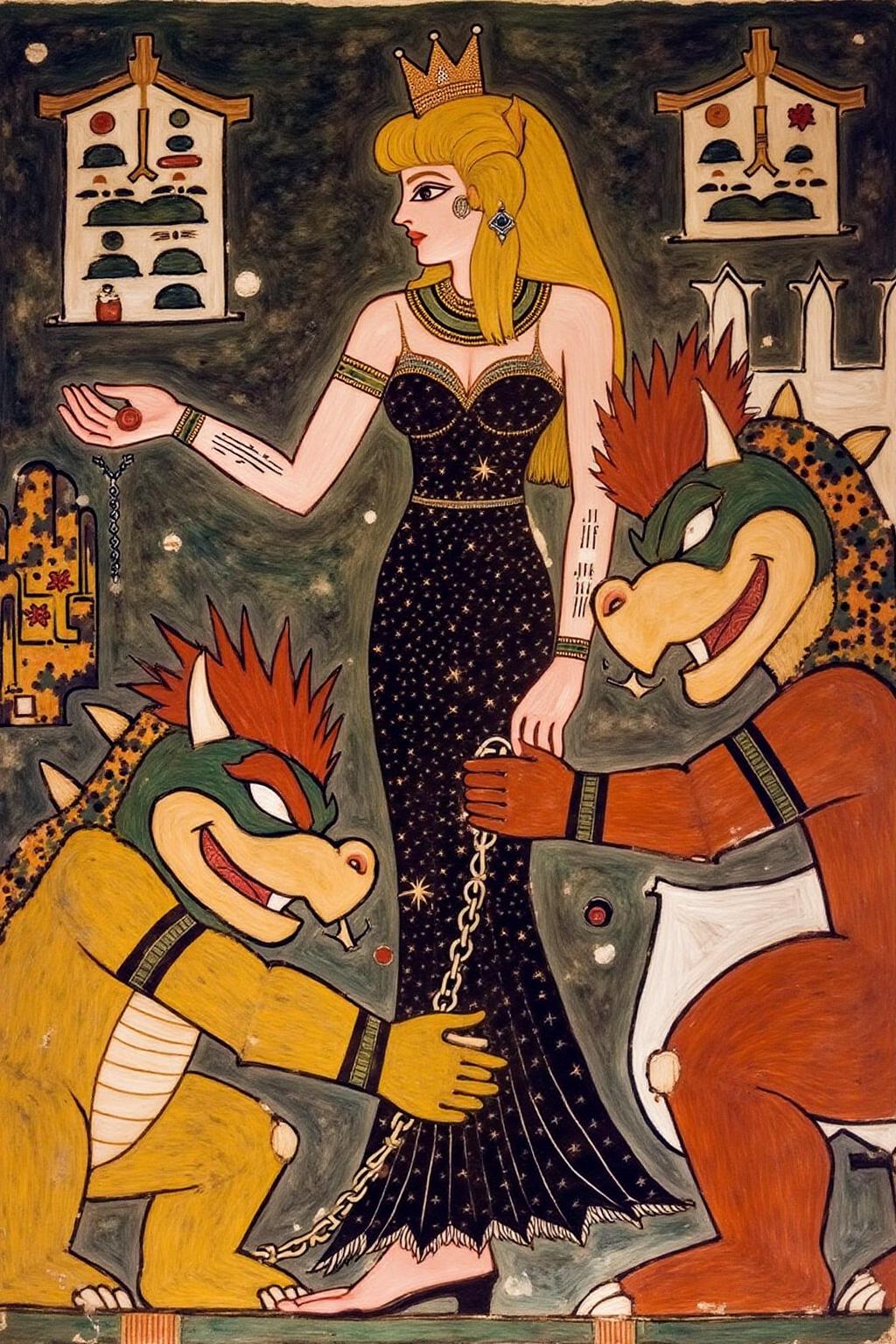 egyptian painting.
A gothic Princess Peach, adorned in a striking black alternative costume, confidently dominates a defeated Bowser with a gleaming chain. Intricate tattoos and piercings enhance her fierce aura, set against a dark, moody castle backdrop. <lora:egypt1_cap_d6a3:1.0><lora:829972687586749638:0>