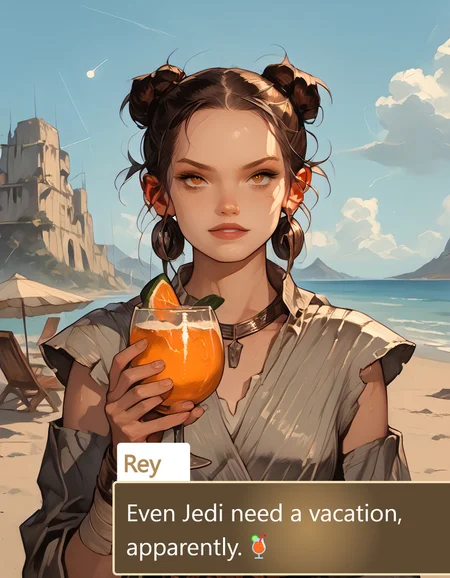 score_9_up, score_9, score_8_up, score_7_up, rating_explicit, , lora:748cmSDXL:1, best quality, masterpiece, perfect composition, official art, 748cmstyle, 1girl, silver necklace, braided bracelets, holding a margarita in a wide brimmed coupette glass, margaarta glass, salted rim, turquoise color drink, cucumber slice on rim, looking at viewer, cute smile, dynamic pose, standing, beach scenery, seaside, evening, bay, rocks, umbrella, beach chairs, beach lights, city lights in the distance, white plastic table, royal blue sky with fiery orange accents, clouds, volumetric lighting, perfect lighting, correct illumination, dark lighting, warm light, chiaroscuro,, g0thicPXL, glowing, neon,, S4bit4mago_illu, Rey, Light brown hair, Wavy hairstyle, Fair skin, Hazel eyes, Triple bun hairstyle, Toned physique, Simple, practical clothing, Wears wrist wraps, Scavenger attire, Desert-weathered look, Rey, 1girl, solo, brown hair, brown eyes,
