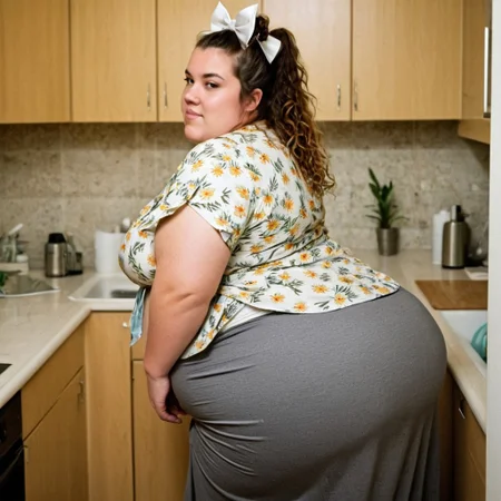 Morbidly obese mommy, ssbbw, (diaper under gray skirt:1.7), (gigantic pregnant belly:1.7), wide hips, (twerking her fat butt while washing dishes:1.7), (tripple pregnancy:1.6), sexy ssbbw, (wet hair:1.4), (sweaty body:1.4), (huge breasts:1.5), (flowery shirt:1.9), (curly hair tied with a bow:1.7), in good mood, (light makeup:1.3), (washing dishes:1.7), (side profile:1.6), (fat hips:1.8), cinematic, film grain, gritty