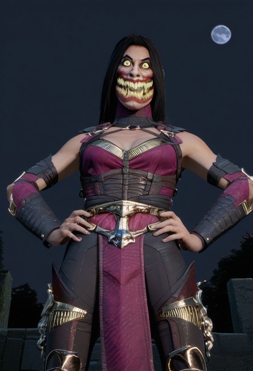 zPDXL3, <lora:Mileenamk10:.7>,  mileenatxl:0.7,
Mileenamk10, (white skin) black hair, yellow eyes,  lips, sharp teeth, extra teeth, exposed cheek, pink top, navel, cleavage,o-ring,leather armor, black pants,pelvic curtain, sash, looking at viewer, serious, standing, outside, hands on hips, stone bridge, moon, night time, (jokerized,,grin, teeth, constricted pupils, crazy eyes,), white facepaint, green lips