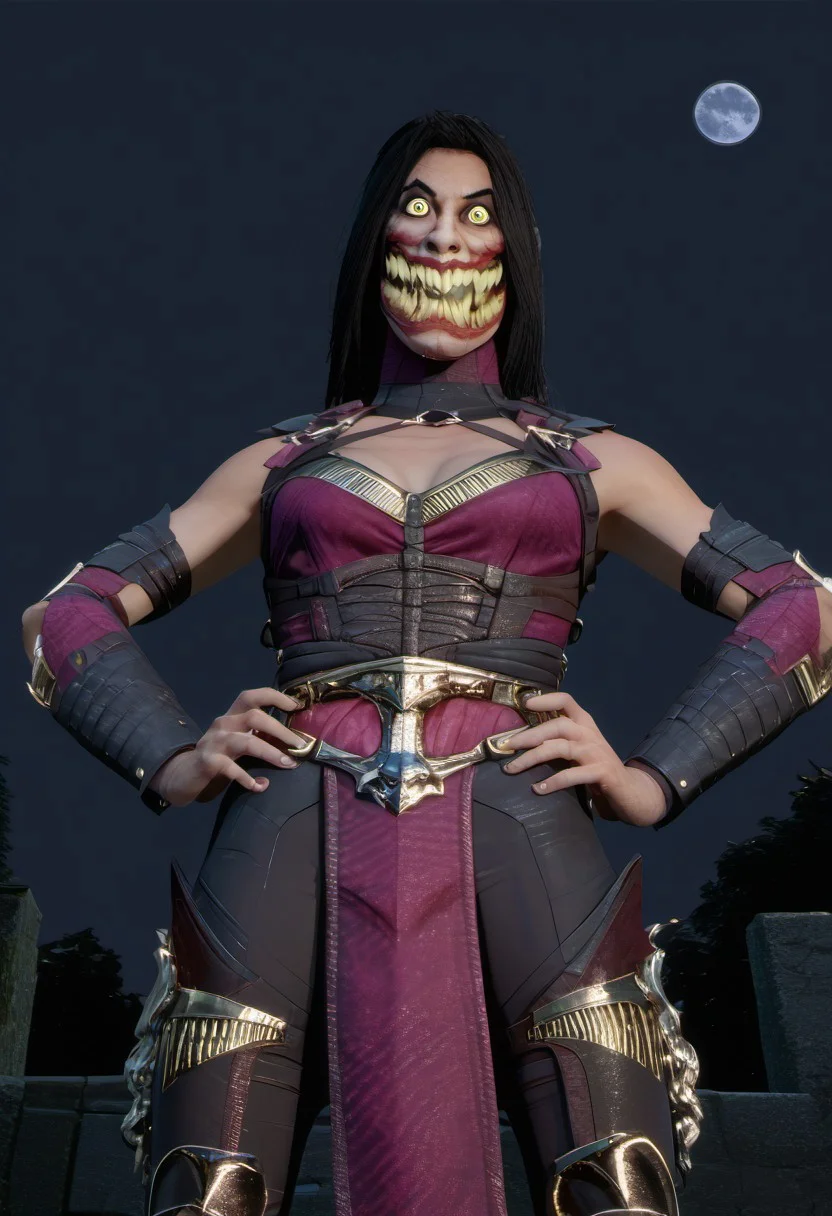 zPDXL3, <lora:Mileenamk10:.7>, mileenatxl:0.7,
Mileenamk10, (white skin) black hair, yellow eyes, lips, sharp teeth, extra teeth, exposed cheek, pink top, navel, cleavage,o-ring,leather armor, black pants,pelvic curtain, sash, looking at viewer, serious, standing, outside, hands on hips, stone bridge, moon, night time, (jokerized,,grin, teeth, constricted pupils, crazy eyes,), white facepaint, green lips
