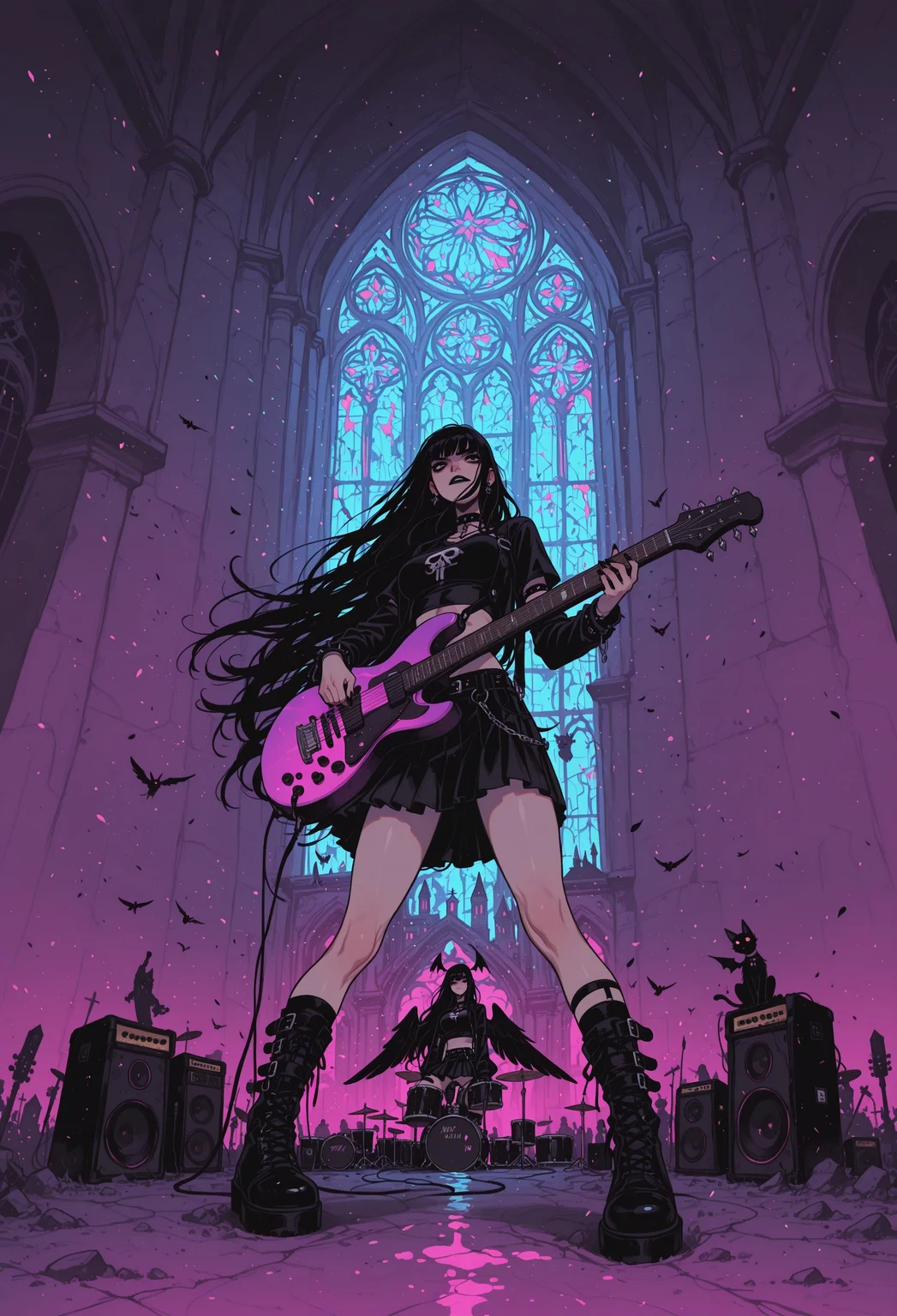 score_9, score_8_up, score_7_up, masterpiece, best quality, very aesthetic, 1girl, incoth, (incase:0.6), detailed face, (dynamic:1), stylized, illustration, r17329_illu, G0zeNA_illu, crop top, short skirt, goth, heavy metal, extremely long hair, wind, e-guitar, ampifier, speakers, swarmed by demons, flying, wings, badass, dynamic pose, epic, glow, church, perspective, playing guitar, drums