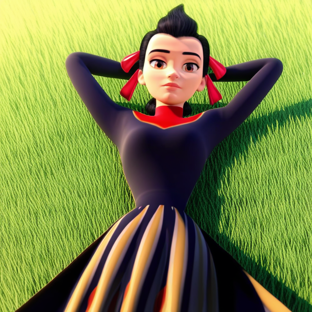 score_9, solo, franny_mtr, 1girl, black hair, single hair bun, hair ribbon, dress, arms behind head, lying, on back, grass, looking at viewer