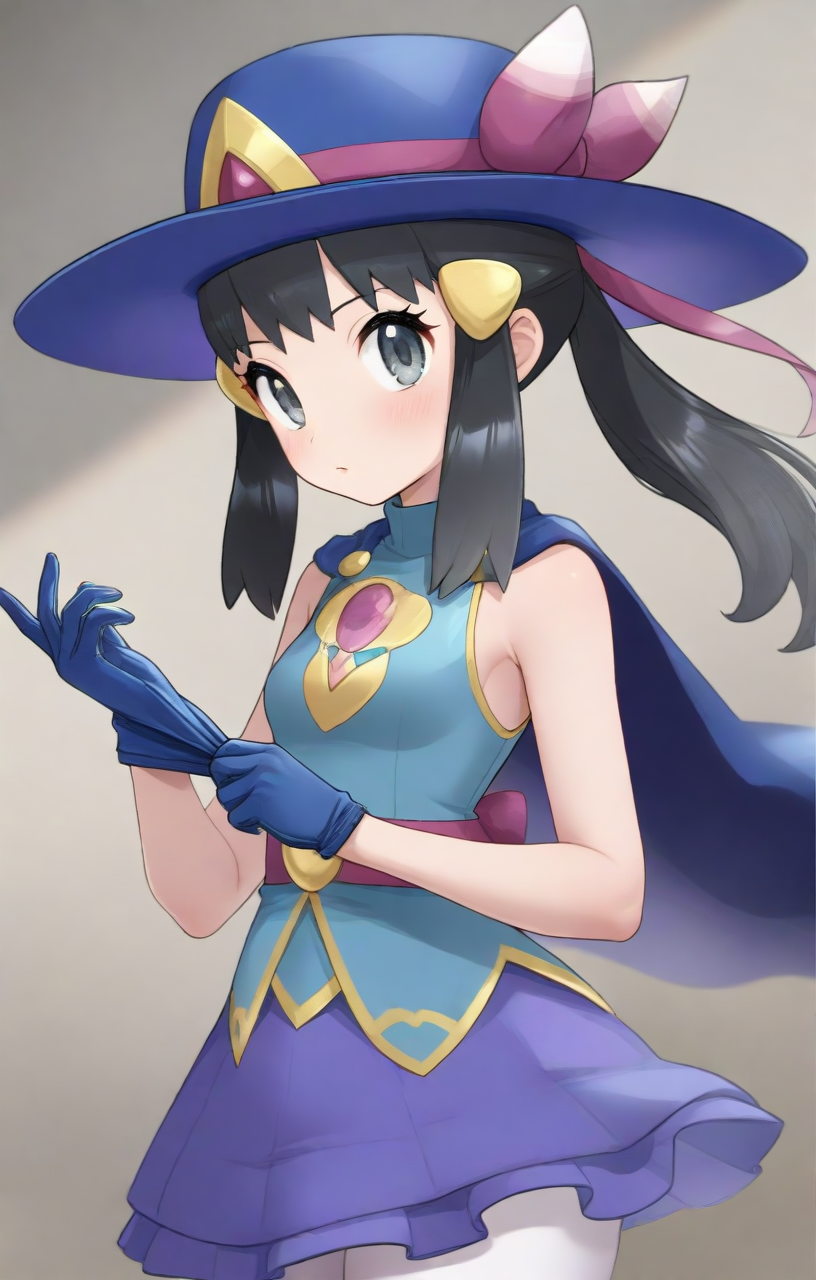 [[[hinosaki]]], 1girl, solo, cowboy shot, upper body, masterpiece, best quality, amazing quality, very aesthetic, high resolution, ultra-detailed, absurdres, newest,remglove, removing glove,sygdawn, def colors, [[dawn \(pokemon\)]], grey eyes, eyelashes, black hair, sidelocks, hairclip, hat, blue headwear, [[purple ribbon]], (big_hat_ribbon), blue dress, short dress, sleeveless, blue gloves, blue cape, pink belt, blue skirt, white pantyhose