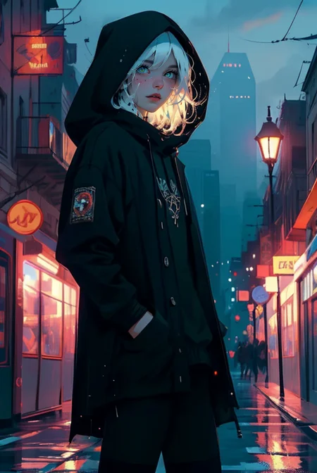 (masterpiece, best quality, high quality, highres, ultra-detailed), city, scenery, night, building, sign, cityscape, pantyhose, skyscraper, street lights,
solo, snake eyes, green eyes, hood, long hair, looking at viewer, outdoors, hood down, hands in pockets, thighhighs, white hair, bangs, long sleeves, jacket, black thighhighs,
<lyco:NijiJourney-LyCoris-V6:0.8>, AS-Adult, Asian-Less, OverallDetail, SkinHairDetail, <lora:slit-pupils:1>,
