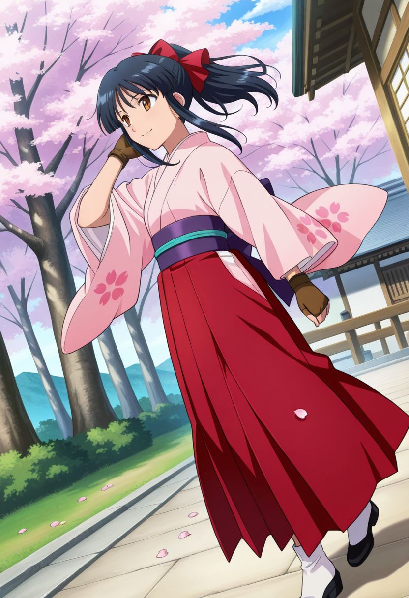 detailed eyes, beautiful, detailed background, perfect eyes,
source_anime, very aesthetic, anime coloring, masterpiece, official art,
<lora:HandFineTuning_XL:1>
BREAK,
sakura tree, japanese village, sakura petals,
full body, dynamic angle, long legs,
looking away, hand on hair, light smile,
BREAK,
<lora:shinguji_illustrious_v01:0.9>
sakuraBase, black hair, hair ribbon, red ribbon, brown hair, ponytail, red bow, sidelocks, bangs,  
meiji schoolgirl uniform, japanese clothes, red hakama,  floral print sleeves, floral print kimono,  purple sash, fingerless gloves, green obijime, 
white tabi, black shoes,