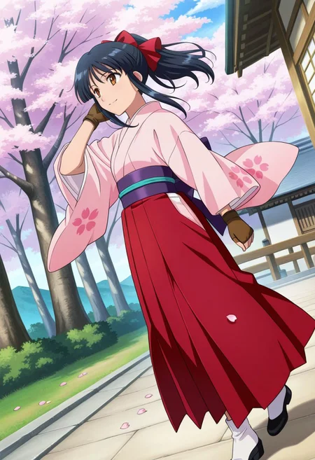 detailed eyes, beautiful, detailed background, perfect eyes,
source_anime, very aesthetic, anime coloring, masterpiece, official art,
<lora:HandFineTuning_XL:1>
BREAK,
sakura tree, japanese village, sakura petals,
full body, dynamic angle, long legs,
looking away, hand on hair, light smile,
BREAK,
<lora:shinguji_illustrious_v01:0.9>
sakuraBase, black hair, hair ribbon, red ribbon, brown hair, ponytail, red bow, sidelocks, bangs,
meiji schoolgirl uniform, japanese clothes, red hakama, floral print sleeves, floral print kimono, purple sash, fingerless gloves, green obijime,
white tabi, black shoes,