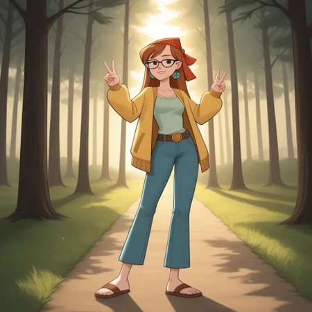 score_9, score_8, BREAK, bandana, auburn hair, glasses, freckles, lips, peace symbol earrings, long sleeves, mini-jacket, long jeans, flip flops, total drama, miles_(\total_drama\), belt, black eyes, sexy pose, smile, outdoors, sunlight, shadows, evening lighting, natural lighting, forest, trees, grass, orange sky, sunset
