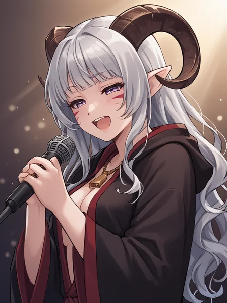 <lora:whisker_markings:0.8>red whisker_markings ,microphone, microphone stand, holding microphone stand, <lora:microphone_stand:1> singing, joyful, open mouth,, source_furry, score_7_up, rating_safe, cowboy shot, gold necklace, tiefing, short pointed ears, brown horns, (a pair of brown sheep Horns that begin at her temples and curve back: 1.5), bangs, long silver hair long wavy hair, pale skin, short pointy ears, purple eyes, <lora:age_slider_v4:0.6> medium breasts, skinny female, close up, silver hair, <lora:Tieflingnew weird fantasyDND:0.3> Tiefling, pointed ears, horns, half-closed eyes<lora:Smooth Style 2 SDXL_LoRA_Pony Diffusion V6 XL:0.5> bell, robe, hood off,