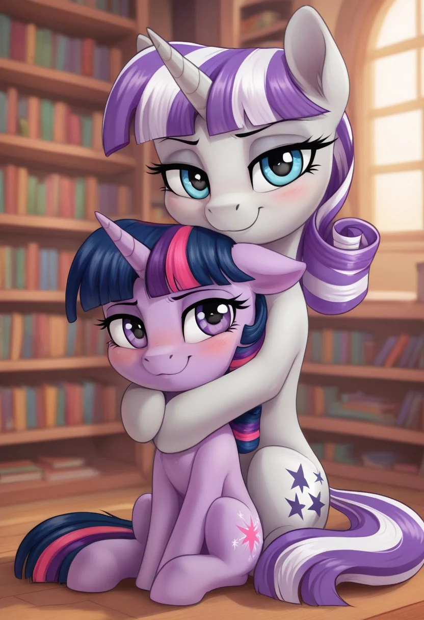 score_9, score_8_up, score_7_up, score_6_up, score_5_up, score_4_up, pony, g4, duo
((twilight sparkle, young, kid, child, children, pigtails))
((twilight velvet))
sit, on knees, hug, snuggling, library, happy, smile, look at you, blushing, cute, glare, high res, lidded eyes, detailed face, detailed face