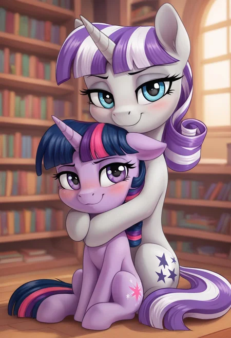 score_9, score_8_up, score_7_up, score_6_up, score_5_up, score_4_up, pony, g4, duo
((twilight sparkle, young, kid, child, children, pigtails))
((twilight velvet))
sit, on knees, hug, snuggling, library, happy, smile, look at you, blushing, cute, glare, high res, lidded eyes, detailed face, detailed face