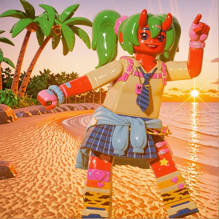 (dance, sparkling, happy, smile:1.2), (sunset, golden hour, beach, sand, palm tree, ocean, rocks, detailed background, dancing, happy:1.3), (fortnite_nemia_lego:1.9), 1girl, solo, green hair, twintails, ponytail, long hair, bangs, hair between eyes, hair over one eye, ears, horns, oni horns, single horn, red skin, pink skin, blue eyes, parted lips, bandaid, bandaid on nose, bandaid on thighs, breasts, shirt, school uniform, necktie, plaid skirt, thighhighs, socks, loose socks, boots, jewelry, earrings, bracelet, charm, belt, gloves, fingerless gloves, knee pads, leg warmers, collarbone, solo, colored skin, hair ornament, hairclip, scrunchie, holster, striped necktie, clothes around waist, oni, plaid, charm (object), blue necktie, sweater around waist, animal print, heart, shoes, star (symbol), thigh holster, <lora:Fortnite_Nemia_Demonically_Cute_Set_ILXL_E41_16_DIM:1>, <lora:dmd2_sdxl_4step_lora:1>