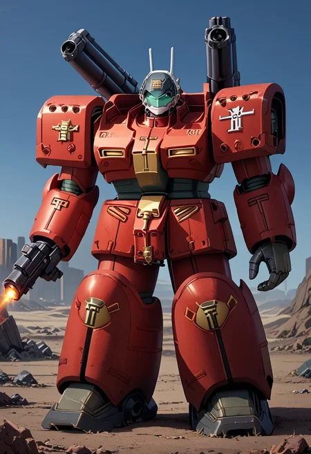 score_9, score_8_up, score_7_up, source_anime, front view, BREAK, ( guncannon_mass_production_type, riverside, looking at viewer,) 1mech, red mech, red armor, metallic armor, wasteland, haze, shoulder cannons deployed, mech focus, solo, BREAK, two arms, GreyK40k, gold trim, gold decorations on armor,