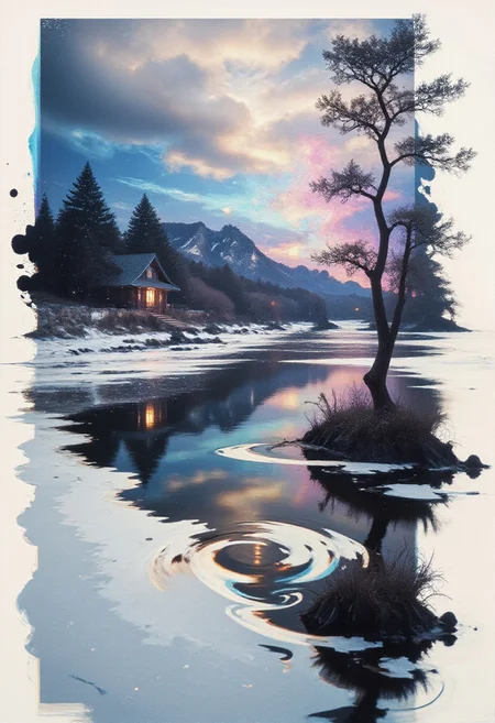 landscape, reijfrmd, white frame, ink, idyllic winter scene of ice forming around the margins of a mountain lake, snowy forest, shinto temple, snow falling